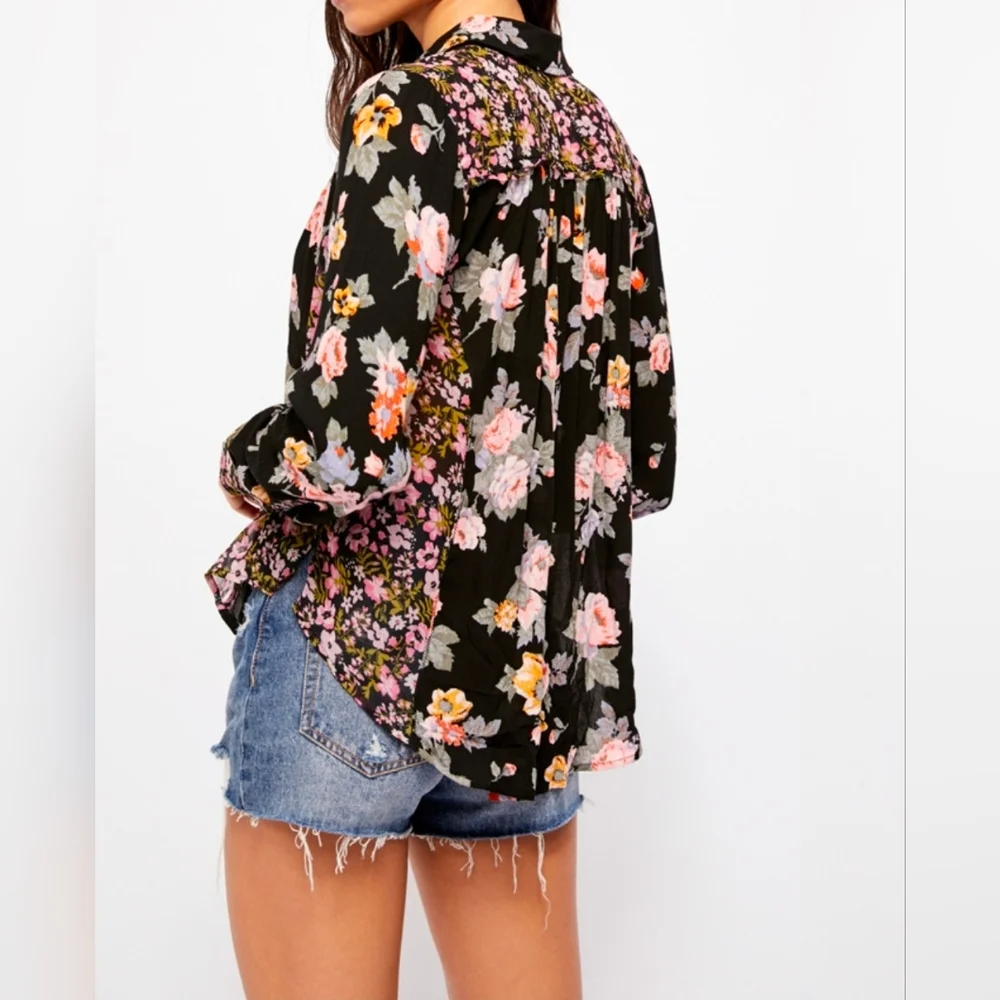 Free People Hold On To Me black floral mixed media button-down blouse Size XS - Picture 2 of 16